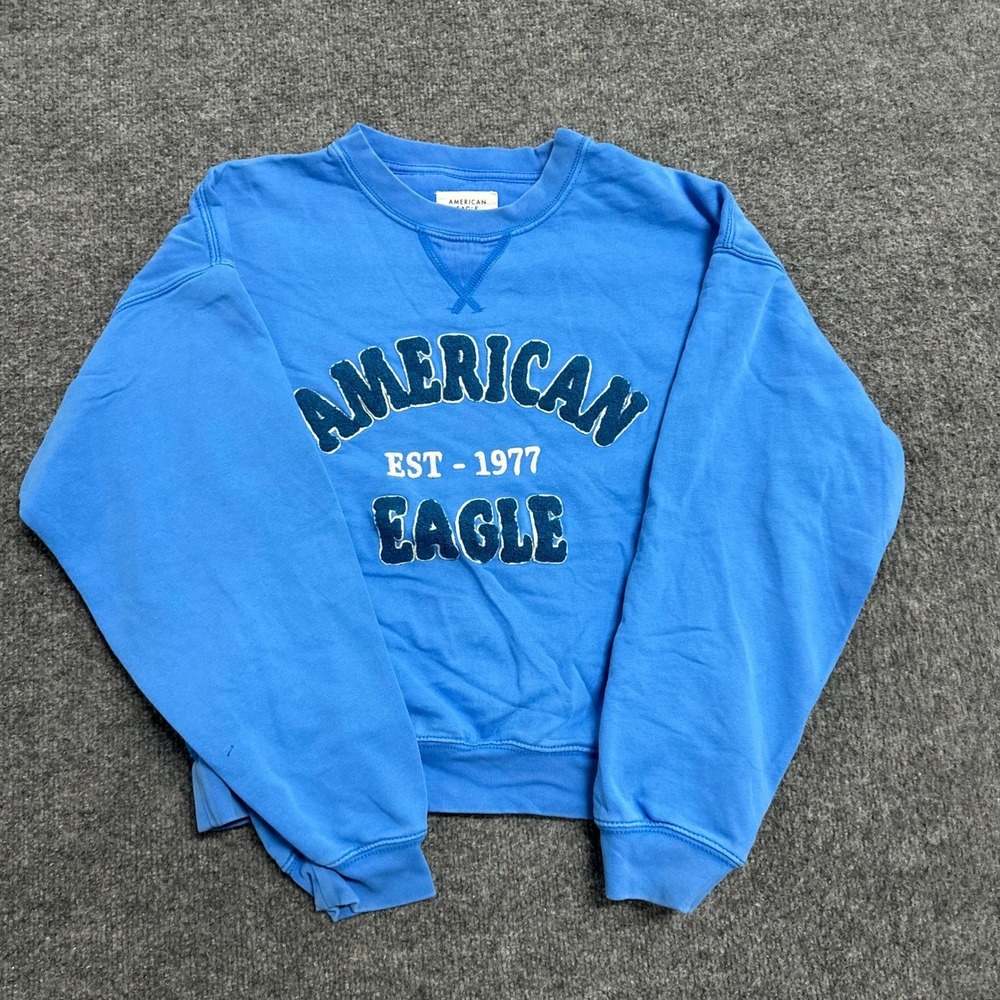 American Eagle Sweatshirt Womens Size XS Blue Graphic Logo Crewneck Pullover